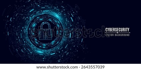 Cybersecurity concept featuring a glowing cyber padlock surrounded by decaying big data elements on a dark tech background. Secure networks and encryption technology. Vector illustration.