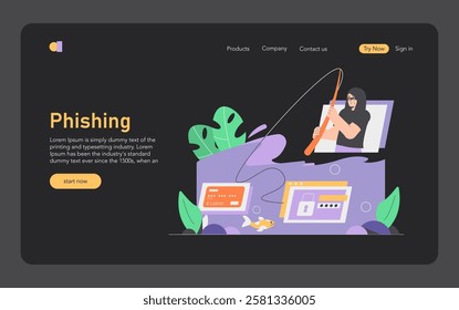 Cybersecurity concept. A hacker fishes for personal data, symbolizing the dangers of phishing scams online. Secure your information, avoid cyber threats. Vector illustration.