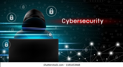 Cybersecurity Concept Of Hacker Using Computer With Key Icon And Technology Background Design