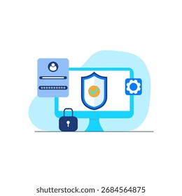 Cybersecurity concept illustration. Computer with lock, shield, and user interface.