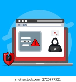 Ilustração do conceito de segurança cibernética mostrando ataque de hackers, aviso de malware, alerta de violação de dados e proteção on-line na tela do notebook, representando segurança da Internet, riscos de hackers e defesa digital	