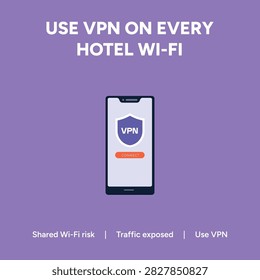 Cybersecurity concept illustration with smartphone and text Use VPN On Every Hotel Wi-Fi for digital privacy and data protection on public networks