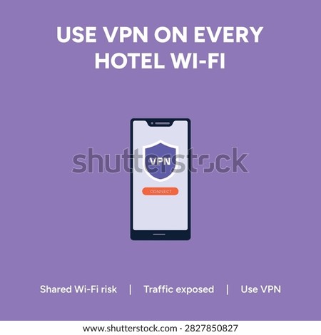 Cybersecurity concept illustration with smartphone and text Use VPN On Every Hotel Wi-Fi for digital privacy and data protection on public networks