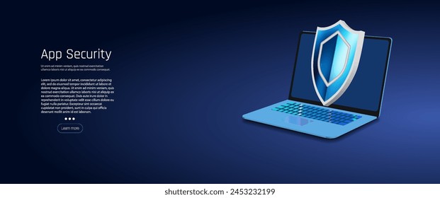 Concepto de ciberseguridad: portátil con icono de escudo protector sobre un fondo degradado azul, que simboliza la protección y la seguridad digitales