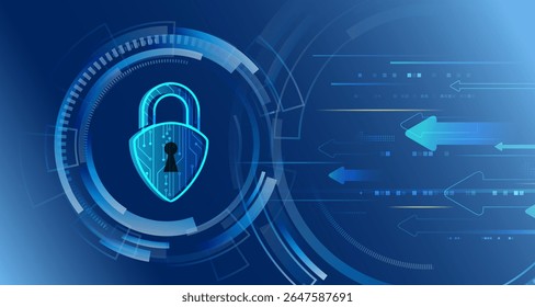 Cybersecurity concept with padlock and digital arrows on futuristic tech blue background. Perfect for data protection, privacy or network security themes.