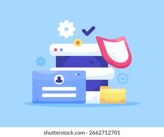 um conceito de segurança cibernética. proteção de sistemas de computadores, redes, dispositivos e dados contra ataques digitais. ilustração de um dispositivo de servidor, página de login, escudo. design de estilo plano. elementos, azul