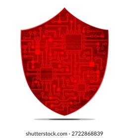 Un concepto de ciberseguridad con un escudo rojo, una placa de circuito impreso y un fondo de código binario