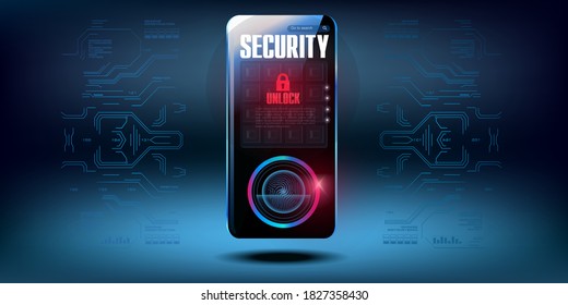 Cybersecurity concept. Security of personal data on digital media. Cyber data is protected. Confidentiality of information storage. Holographic panel with HUD, GUI, UI elements. Conceptual cyber banne