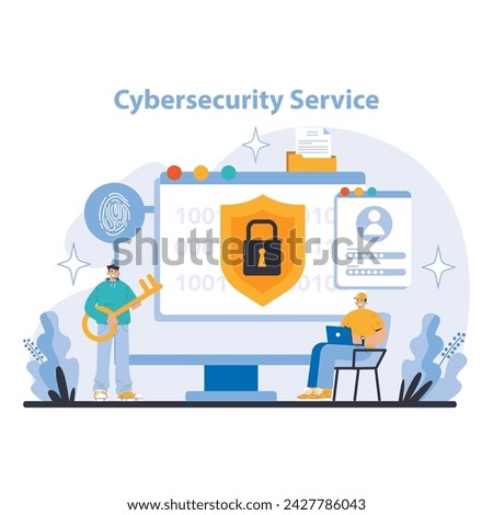Cybersecurity Concept. Strong digital defenses and identity protection online. Advanced encryption and secure network operations. Guarding against cyber threats. Flat vector illustration.