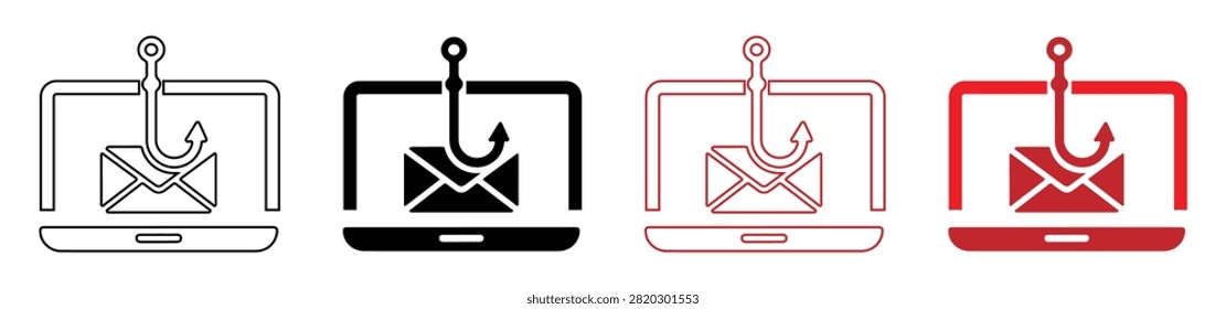 Cybersecurity concept vector graphic showing a fishing hook snagging an email envelope on a digital device's display. Ideal for online threat awareness campaigns.