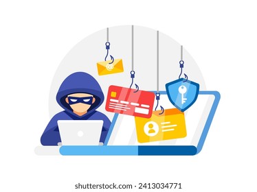 Cybersecurity concept vector illustration showing a hacker with phishing hooks targeting email, credit card, and secure data