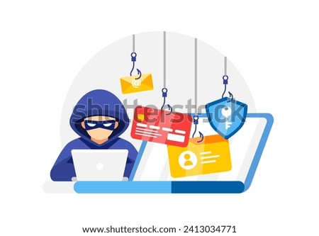 Cybersecurity concept vector illustration showing a hacker with phishing hooks targeting email, credit card, and secure data