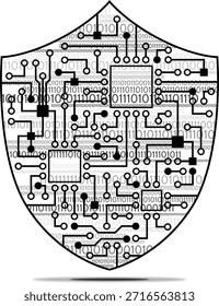 Un concepto de ciberseguridad con un escudo blanco, una placa de circuito impreso y un fondo de código binario