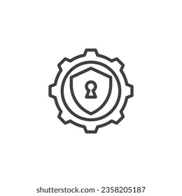 Cybersecurity control line icon. linear style sign for mobile concept and web design. Gear with shield outline vector icon. Symbol, logo illustration. Vector graphics