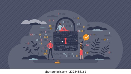 Cybersecurity and cyberspace data safety protection tiny person concept. Digital personal information safe storage with encryption and antivirus firewall vector illustration. Strong password usage.
