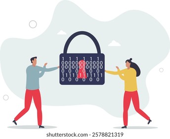 Cybersecurity and cyberspace data safety protection.Digital personal information safe storage with encryption and antivirus firewall.flat characters.