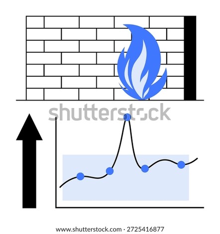Cybersecurity, data analysis, network protection, firewalls, online safety, information technology. A firewall by a flame and brick wall with a data analytics chart. Cybersecurity and data analysis