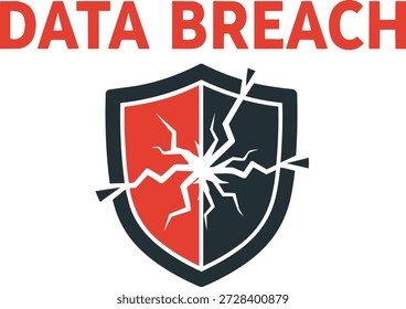 Concepto de violación de datos de ciberseguridad con icono de escudo agrietado que simboliza vulnerabilidad, robo de información digital, fraude de identidad y compromiso de red