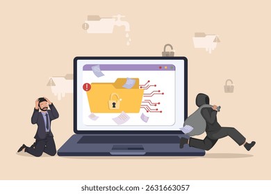 Violação de dados de segurança cibernética: empresário estressado reage ao roubo de informações por um hacker que rouba arquivos confidenciais de uma pasta segura em um notebook.