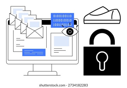 Ciberseguridad, privacidad de datos, protección de correo electrónico, cifrado, seguridad en línea, comunicación digital. Un monitor muestra correos electrónicos, código binario, símbolo de ojo, icono de candado y más. Ciberseguridad y datos