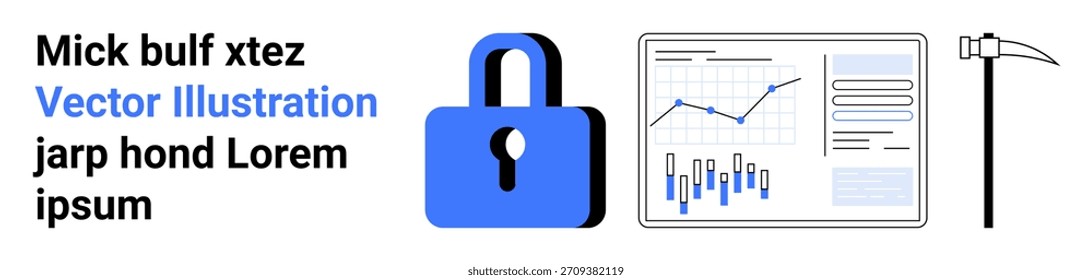 Cibersegurança, proteção de dados, análise de negócios, tecnologia, segurança on-line, segurança financeira. Imagem de uma fechadura, um conjunto de gráficos de dados e uma picareta. Foco na segurança cibernética e na proteção de dados
