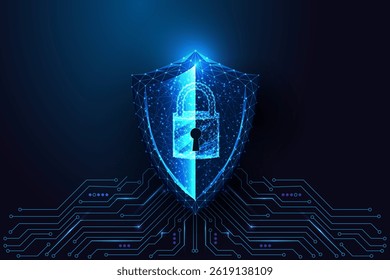 Cybersecurity and data protection concept with glowing digital shield and padlock connected to circuit board on dark blue background. Futuristic low poly style, abstract vector illustration.