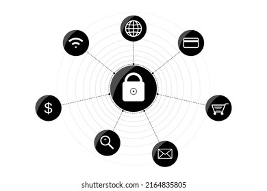 Cybersecurity data protection concept. Icons related to online data, encryption, virtual information safety, password, network protection, firewall, safe search