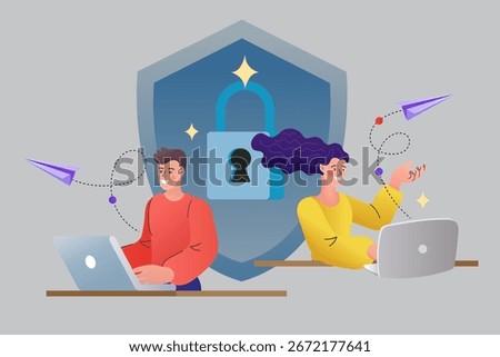 Cybersecurity and data protection concept. A man and woman work on laptops, sending encrypted messages protected by a shield with a lock, symbolizing a secure VPN.