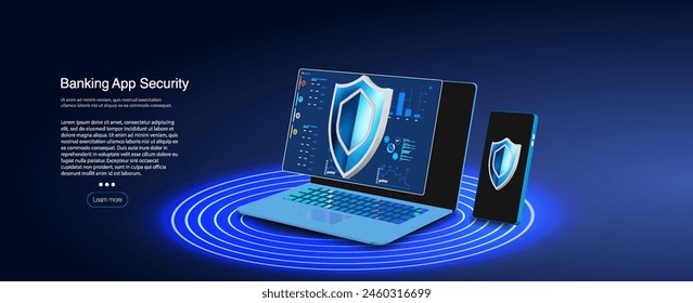 Concepto de ciberseguridad y protección de datos: escudo, portátil y smartphones con flujos de datos digitales	