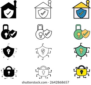 Conjunto de iconos de trazo editables de ciberseguridad y protección de datos. Incluye escudo, bloqueo, seguridad doméstica y símbolos de seguridad digital en estilos de contorno y color. Ilustraciones vectoriales.