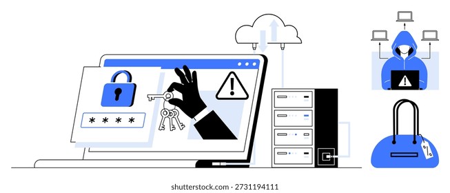 Ciberseguridad, protección de datos, piratería, amenazas en línea, seguridad de Contraseñas, acceso no autorizado. manos robando llaves, icono de bloqueo de la nube hacker encapuchado. Ciberseguridad y concepto de piratería