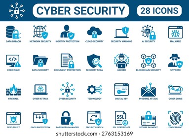 Cybersecurity and data protection icon collection featuring phishing attack, firewall, AI security, blockchain security, encryption, password manager and secure payment symbols. Ideal for network security systems, online privacy solutions, digital protection platforms, IT infrastructure and cyber defense designs.