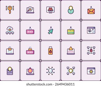 Conjunto de ícones de segurança cibernética e proteção de dados, representando ameaças on-line e medidas de segurança