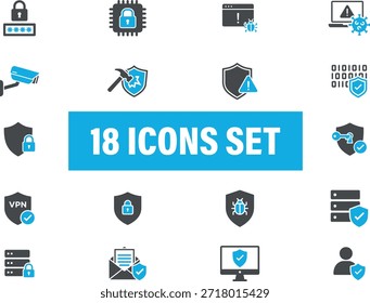 Cybersecurity and Data Protection Icon Set. Including security, protection, safety, shield, warning, 
VPN and more. Solid vector icons set