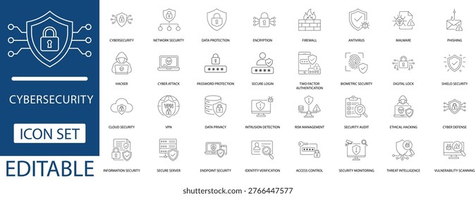 Cybersecurity and data protection icon set featuring network security, firewall, encryption, hacker, vpn, and cyber attack line icons. Professional editable vector for web design.