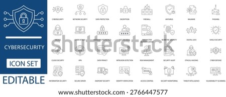 Cybersecurity and data protection icon set featuring network security, firewall, encryption, hacker, vpn, and cyber attack line icons. Professional editable vector for web design.