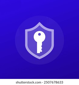 Cybersecurity, data protection icon with shield and key, transparent design