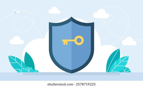 Cybersecurity, data protection icon with shield and key. Private key icon for personal data protection. Global digital safe key. Information security. Shield, golden key concept. Vector illustration