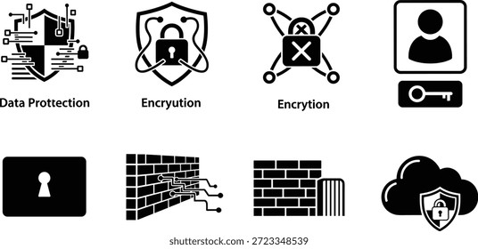 Conjunto de iconos de ciberseguridad y protección de datos con firewall de cifrado y Vector de seguridad en la nube