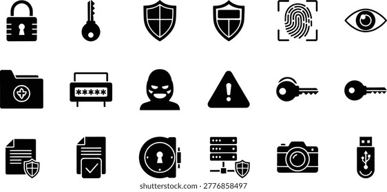 Cybersecurity data protection icons set with shield lock network security symbols