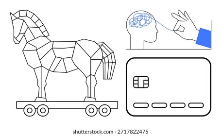 Cybersecurity, data protection, identity theft, online fraud, technology risk, hacking. Geometric Trojan horse, hand holding a brain string credit card. Cybersecurity and data protection concepts
