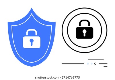 Cibersegurança, proteção de dados, privacidade on-line, redes seguras, segurança na Internet, confiança digital. Escudo azul com cadeado e símbolo circular. Conceito de cibersegurança e proteção de dados
