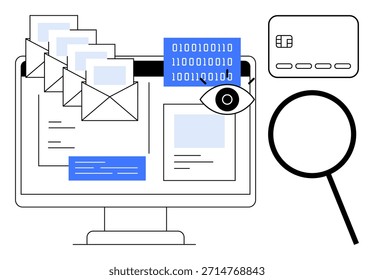 Ciberseguridad, protección de datos, privacidad en línea, verificación de identidad, monitoreo de datos, seguridad de correo electrónico. Una pantalla de computadora con correos electrónicos, código binario y un símbolo ocular de monitoreo en línea. Ciberseguridad