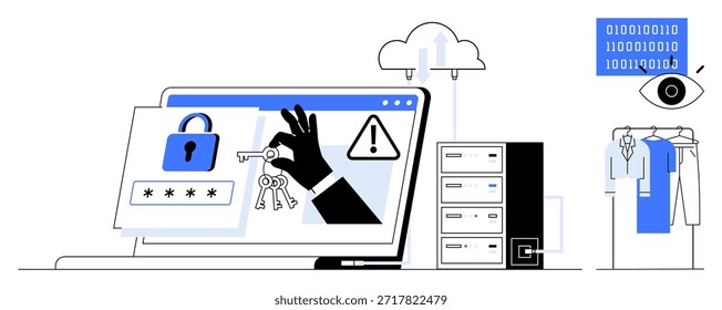 Ciberseguridad, protección de datos, seguridad en línea, autenticación, privacidad digital, almacenamiento en la nube. Una mano que sostiene las llaves sobre una pantalla de Inicio de sesión segura con iconos de bloqueo y advertencia. Ciberseguridad y datos