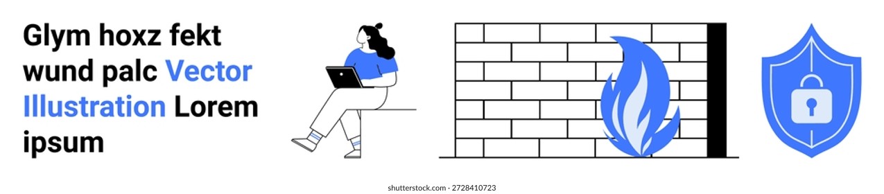 Segurança cibernética, proteção de dados, segurança on-line, sistema de firewall, segurança digital, prevenção de redes. Mulher com um laptop, ícone de firewall e escudo bloqueado. Conceito de cibersegurança e proteção de dados