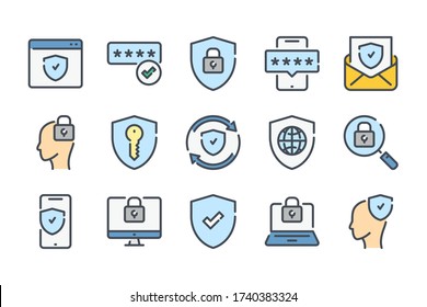 Conjunto de iconos de línea de color relacionados con la seguridad cibernética y la protección de datos. Protección de información personal coloridos iconos lineales. Seguridad de la red y colección de señales vectoriales de contorno de color plano de seguridad informática.