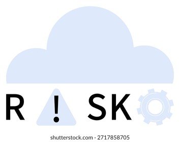 Segurança cibernética, proteção de dados, gerenciamento de riscos, computação em nuvem, infraestrutura de TI, estabilidade de rede. Forma de nuvem com texto "RISK", ponto de exclamação e engrenagem. Cibersegurança e proteção de dados