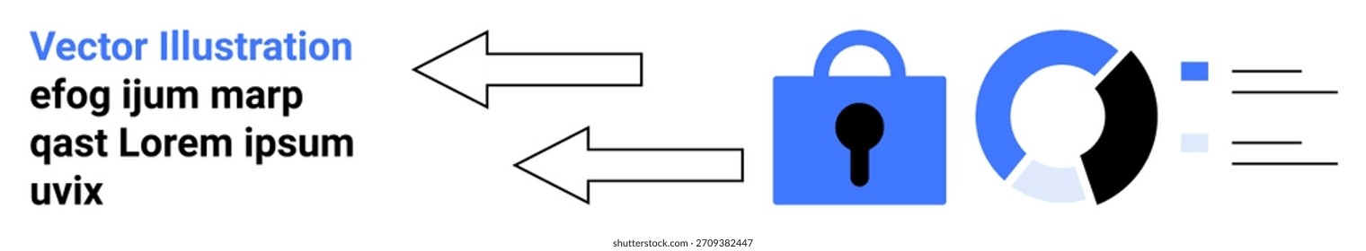 Cybersecurity, data protection, safe communication, digital privacy, secure transfer, access control. Blue lock icon with arrows and data flow elements. Cybersecurity and data protection concept