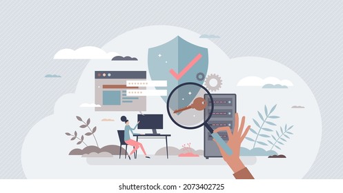 Cybersecurity and data protection with safe prevention tiny person concept. Computer and virtual online technology encryption system with password and firewall vector illustration. Database spy shield