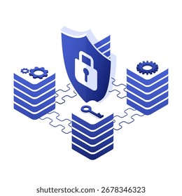 Segurança cibernética e proteção de dados com protetor e vetor isométrico principal